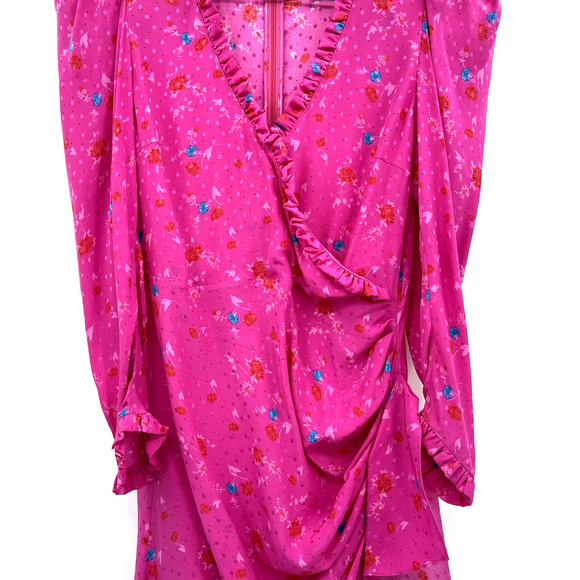 MAGDA BUTRYM Carlton Dress Ruched Mini Dress Hot Pink Silk Ruffles Floral Print - Picture 9 of 16